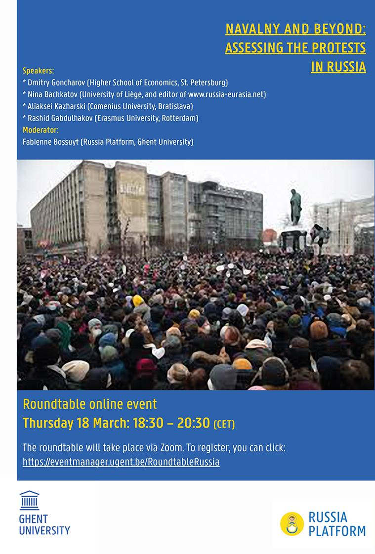 Affiche. Rusland Platform UGent. Navalny and beyond - Assessing the protests in Russia. 2021-03-18